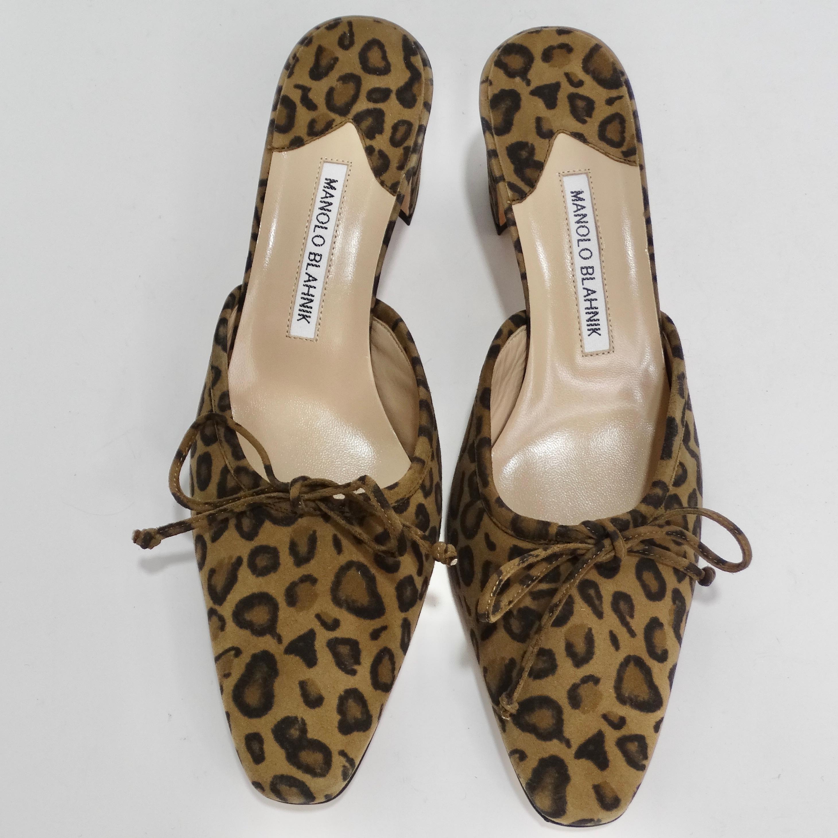 Elevate your style with the Manolo Blahnik Leopard Suede Ballet Mules, a captivating blend of classic femininity and bold fashion-forward flair that will set you apart in the world of footwear. These ballet mules seamlessly blend classic elegance