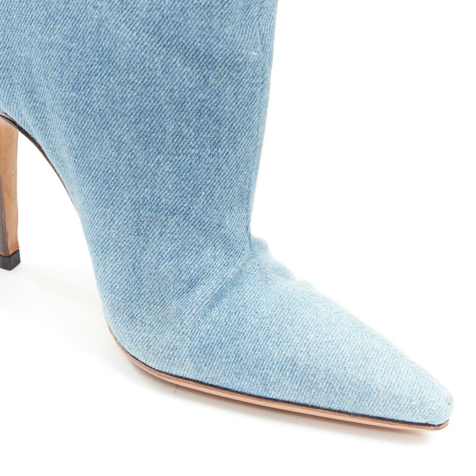 Women's MANOLO BLAHNIK light blue denim pointed toe high heel ankle bootie EU38