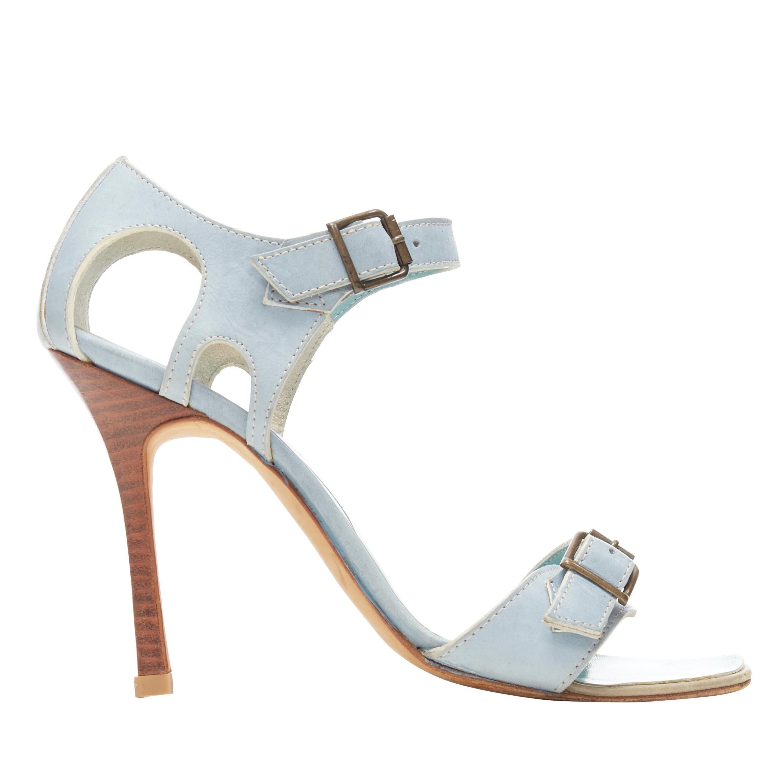 MANOLO BLAHNIK light blue leather buckle dual strap high heel sandals EU36.5