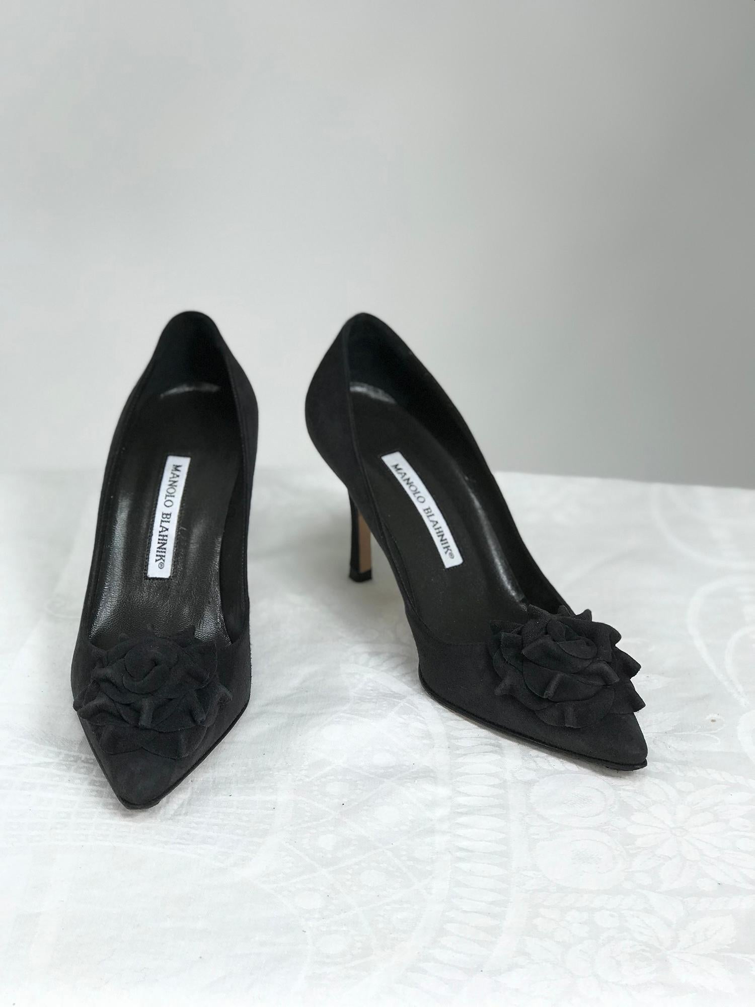Manolo Blahnik Lisa with Flower black suede high heel pumps 36 1/2, with box and protector bag. 3 1/2 inch heels. In excellent pre worn condition. 