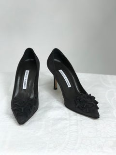 Manolo Blahnik Lisa with Flower Black Suede High Heel Pumps 36 1/2M