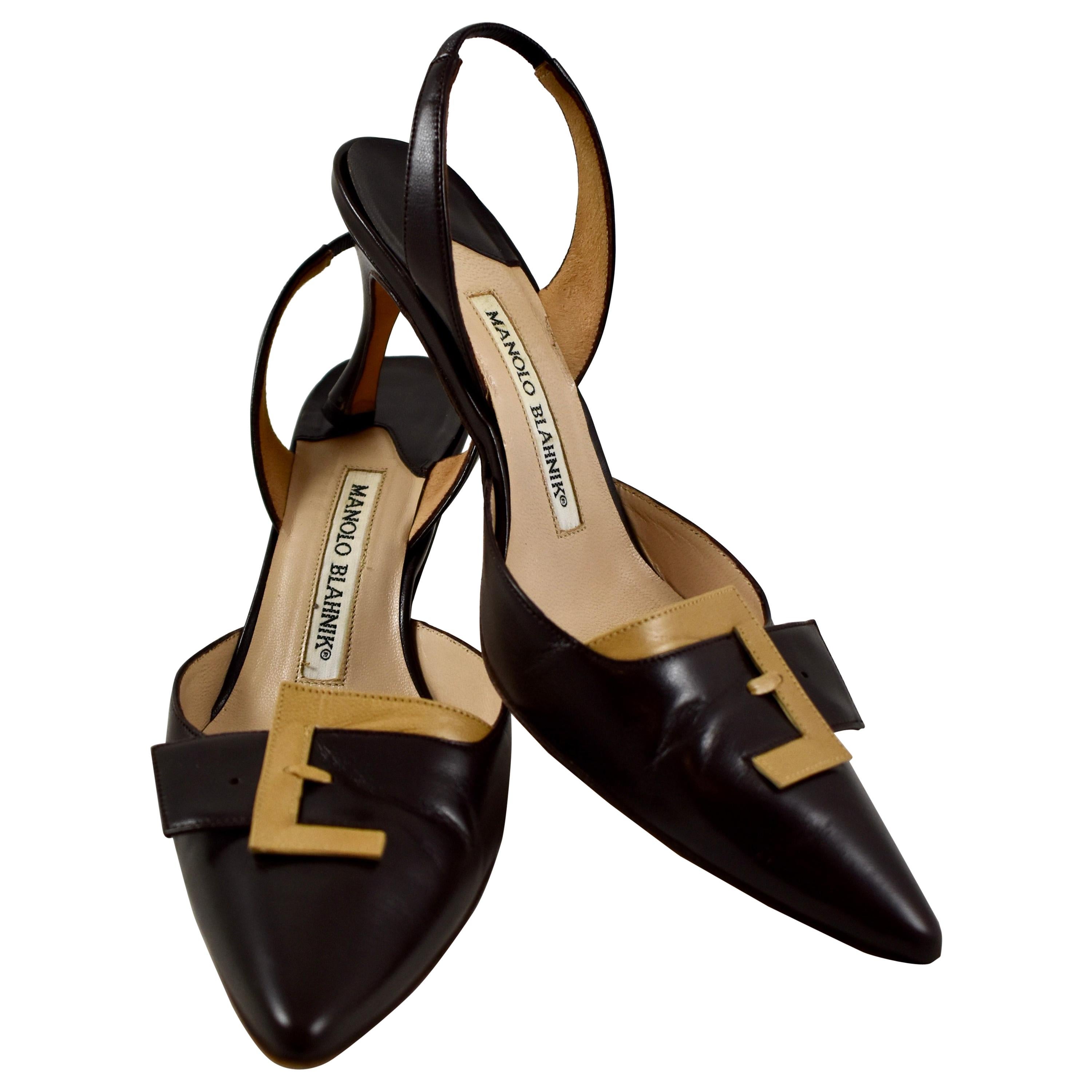 Manolo Blahnik Lolasling Brown and Camel Kid Leather Slingback Pumps