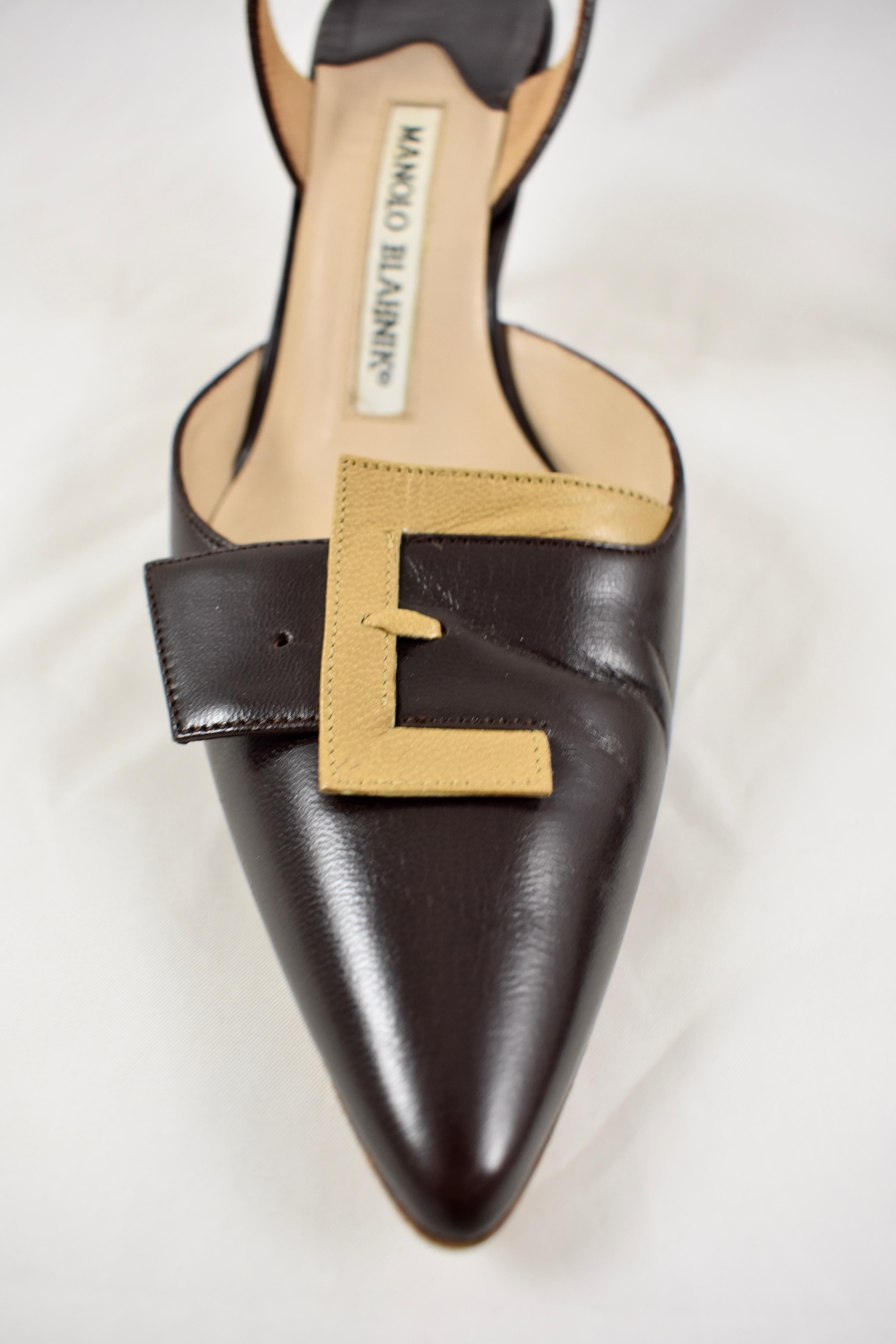 International Style Manolo Blahnik Lolasling Brown and Camel Kid Leather Slingback Pumps