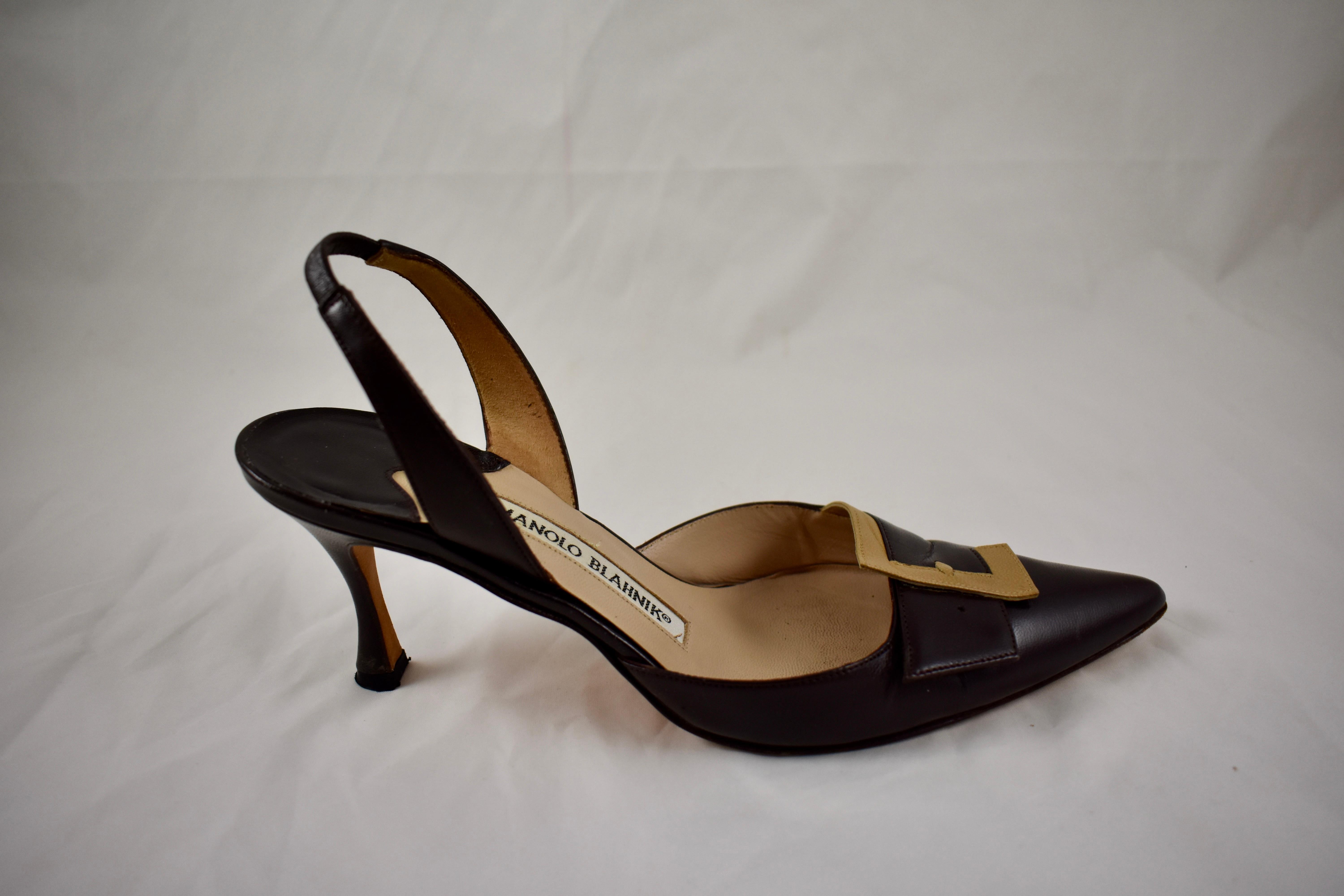 Other Manolo Blahnik Lolasling Brown and Camel Kid Leather Slingback Pumps