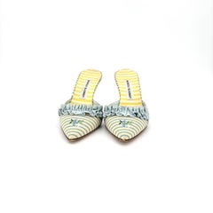 Mules Manolo Blahnik "Marie Antoinette" a righe, con volant e ricami floreali, taglia 37,5 EU