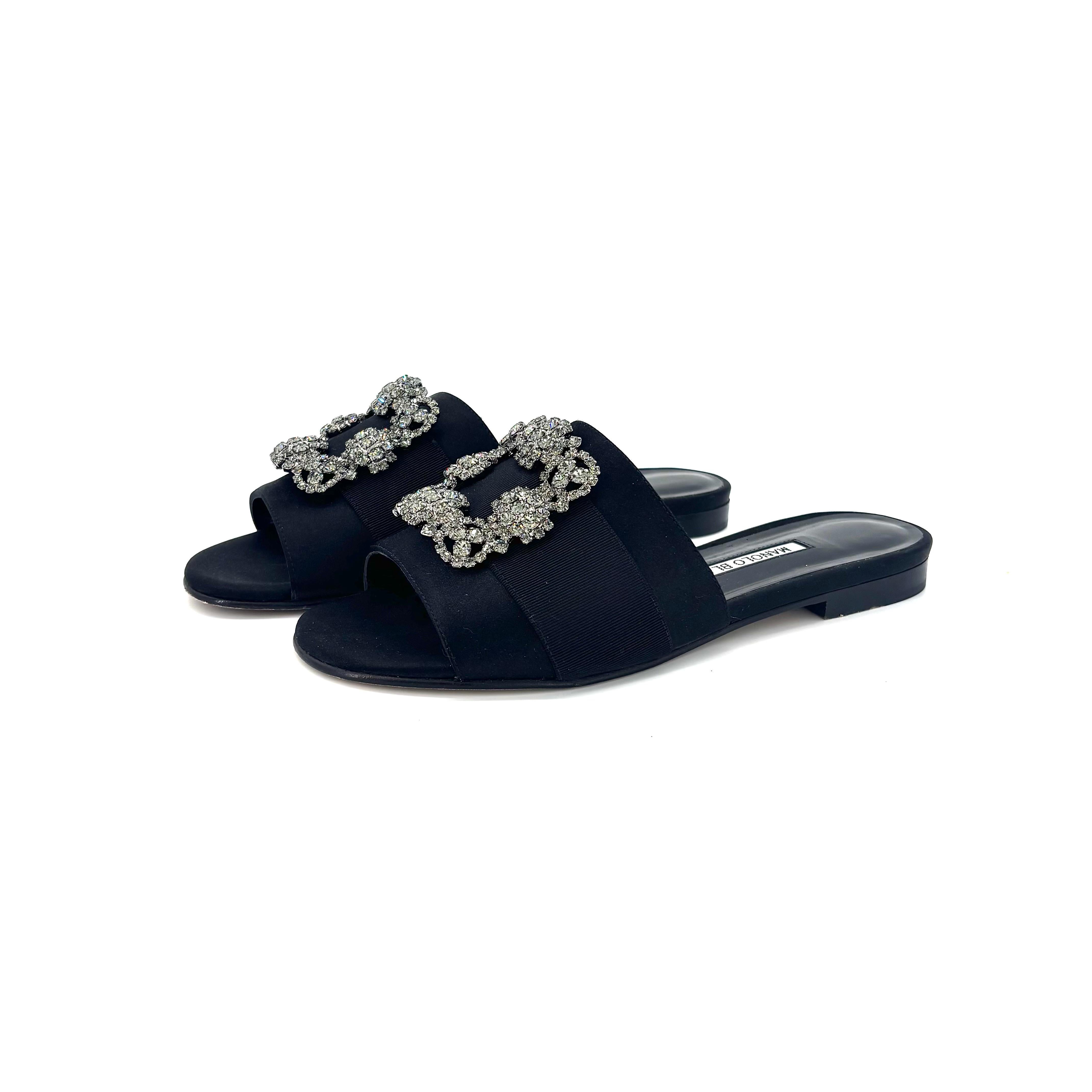 Manolo Blahnik Martamod Satin Crystal Embellished Slip On Flat Slides Sandals 37 For Sale 6