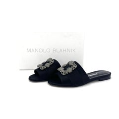 Manolo Blahnik Martamod Satin Crystal Embellished Slip On Flat Slides Sandals 37