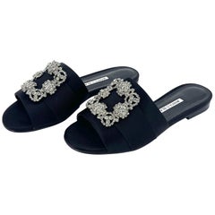 Manolo Blahnik Martamod Satin Crystal Embellished Slip On Flat Slides Sandals 37