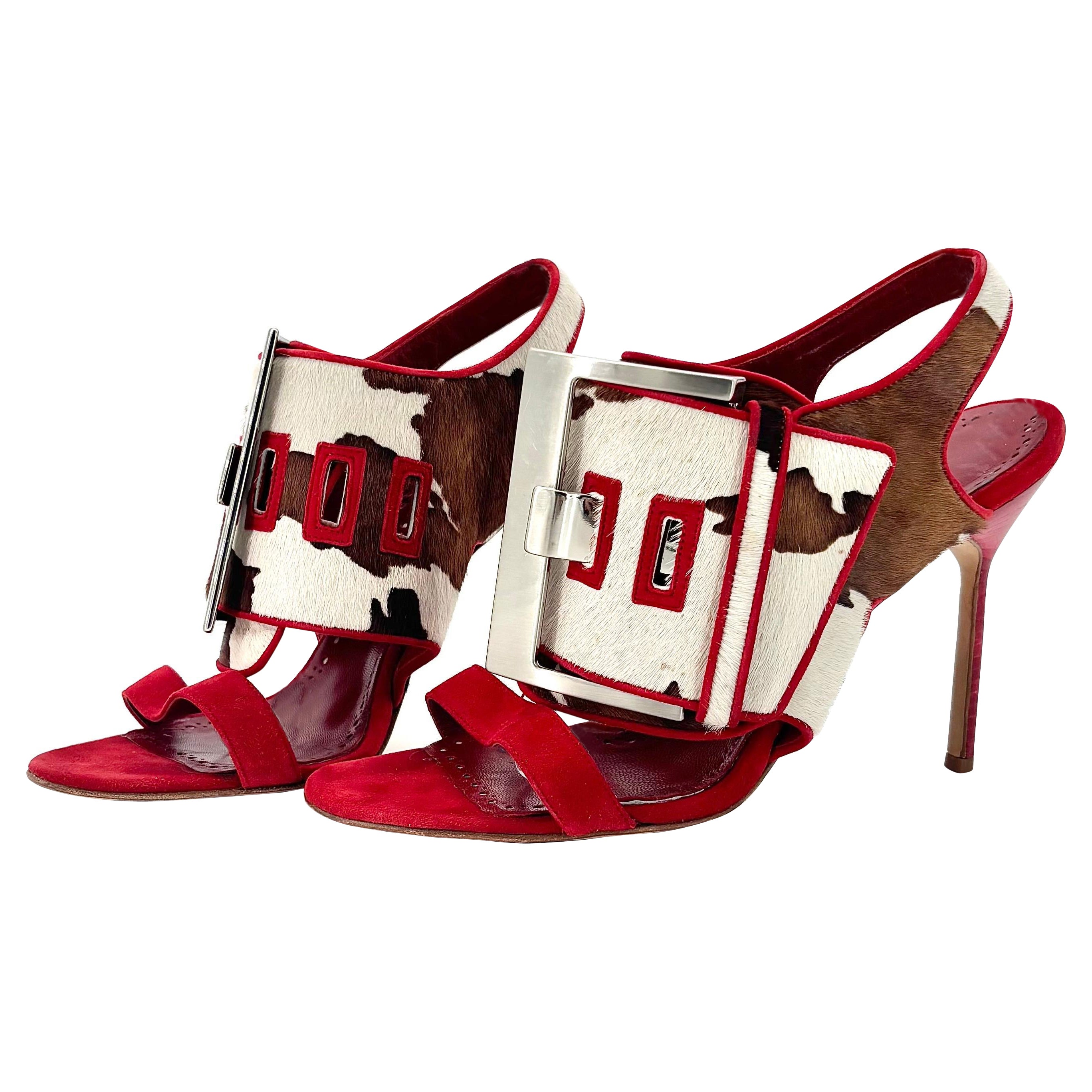 Manolo Blahnik Martamucco Buckle Cow Print Pony Style Calf Hair Sandals 40
