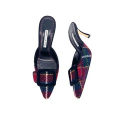 Manolo Blahnik Maysale Plaid Tweed Slip On Kitten Heel Mules 39.5