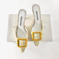 Manolo Blahnik Maysalebi Yellow Flower Print Slip On Kitten Heel Mules 37.5