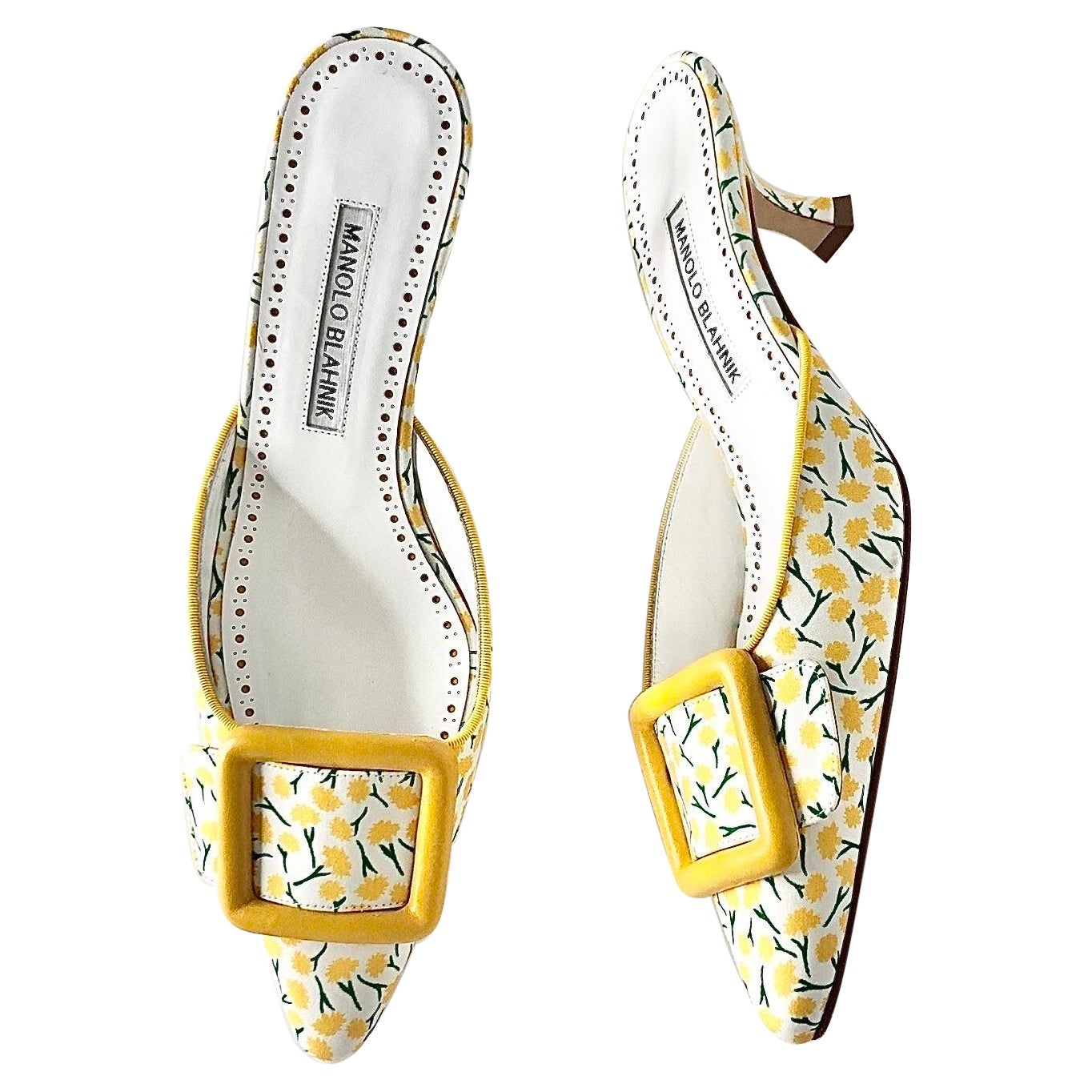 Manolo Blahnik Maysalebi Yellow Flower Print Slip On Kitten Heel Mules 37.5