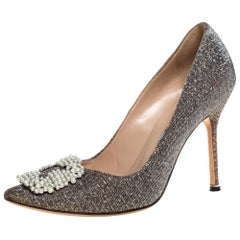 Manolo Blahnik Metallic Glitter Fabric Hangisi Pearl Embellished Pumps Size 39