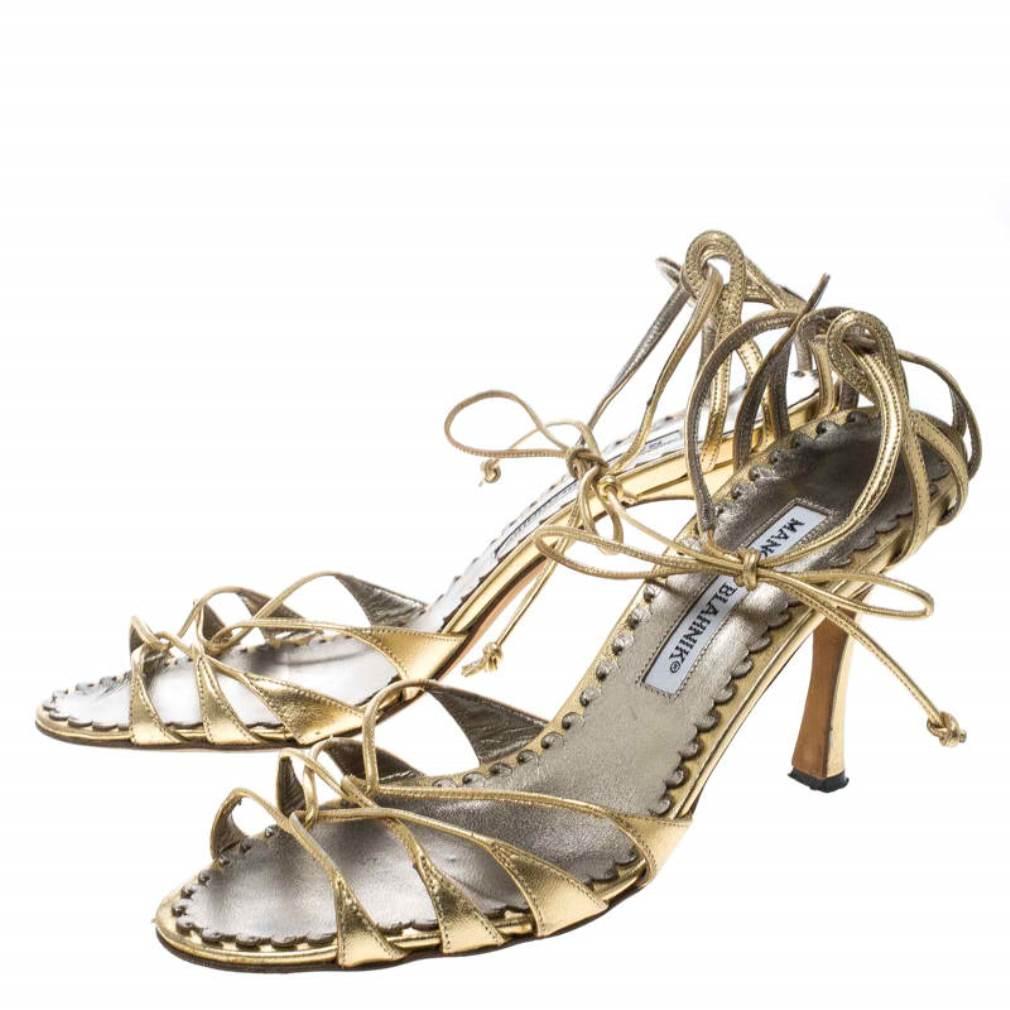 Women's Manolo Blahnik Metallic Gold Leather Strappy Ankle Wrap Sandals Size 38