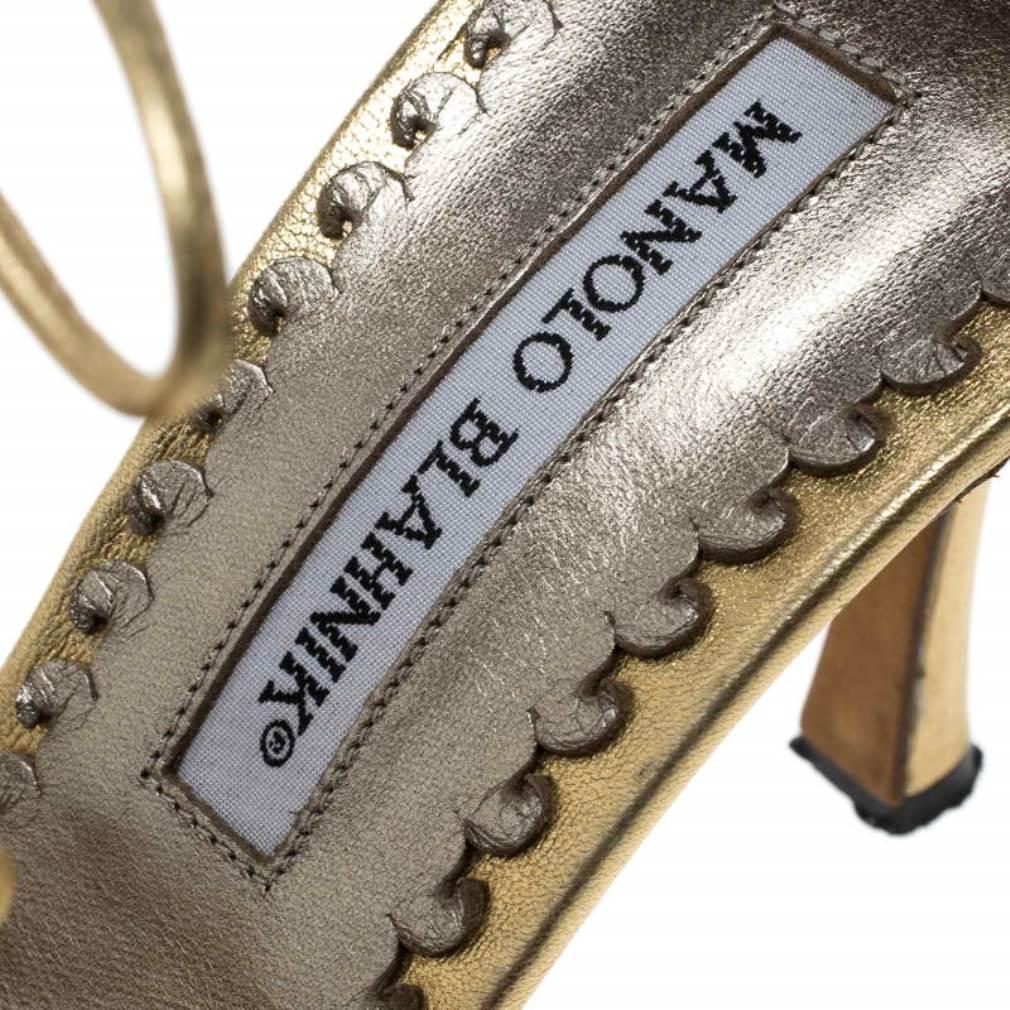 Manolo Blahnik Metallic Gold Leather Strappy Ankle Wrap Sandals Size 38 2