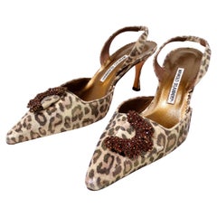 Manolo Blahnik Metallic Leopard Print Suede Slingback Pumps circa Y2K