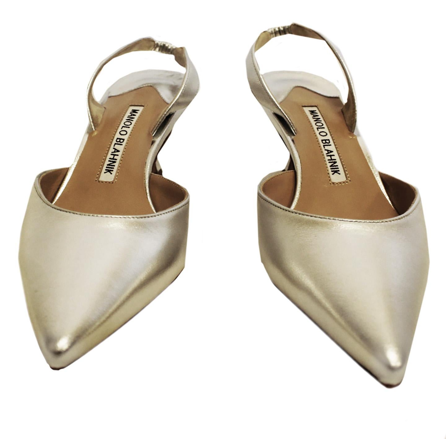 Brown Manolo Blahnik Metallic Silver Tone Carolyne Pointed Toe  For Sale