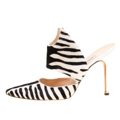 Manolo Blahnik Monochrome Zebra Print Calf Hair Pointed Toe Mules Size 40.5