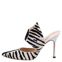 Manolo Blahnik Monochrome Zebra Print Pony Hair Pointed Toe Mules Size 39.5