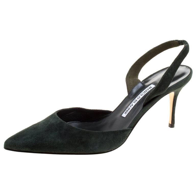 Manolo Blahnik Moss Green Suede Carolyne Pointed Toe Slingback Sandals Size  39 For Sale at 1stDibs | moss green sandals, manolo blahnik green slingback