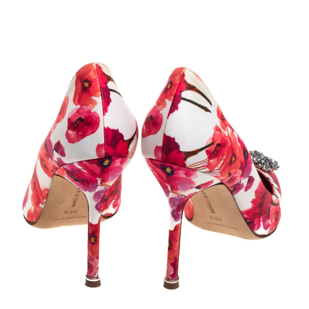 Manolo Blahnik Mehrfarbig Floral Satin Hangisi Pumps Größe 38.5 (Rot)