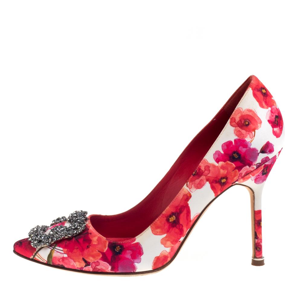 Manolo Blahnik Mehrfarbig Floral Satin Hangisi Pumps Größe 38.5 Damen