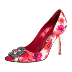 Manolo Blahnik Multicolor Floral Satin Hangisi Pumps Size 38.5