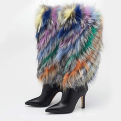 Manolo Blahnik Multicolor Leather And Fox Fur Calf Length Boots Size 37.5