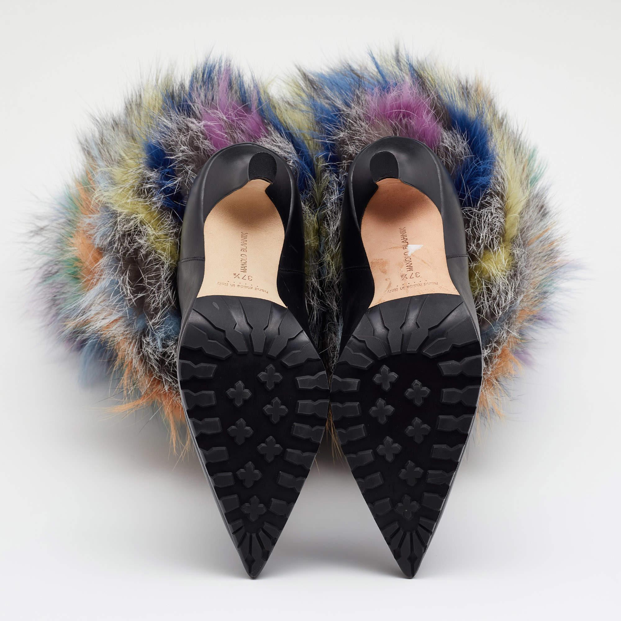 Women's Manolo Blahnik Multicolor Leather And Fox Fur Calf Length Boots Size 37.5