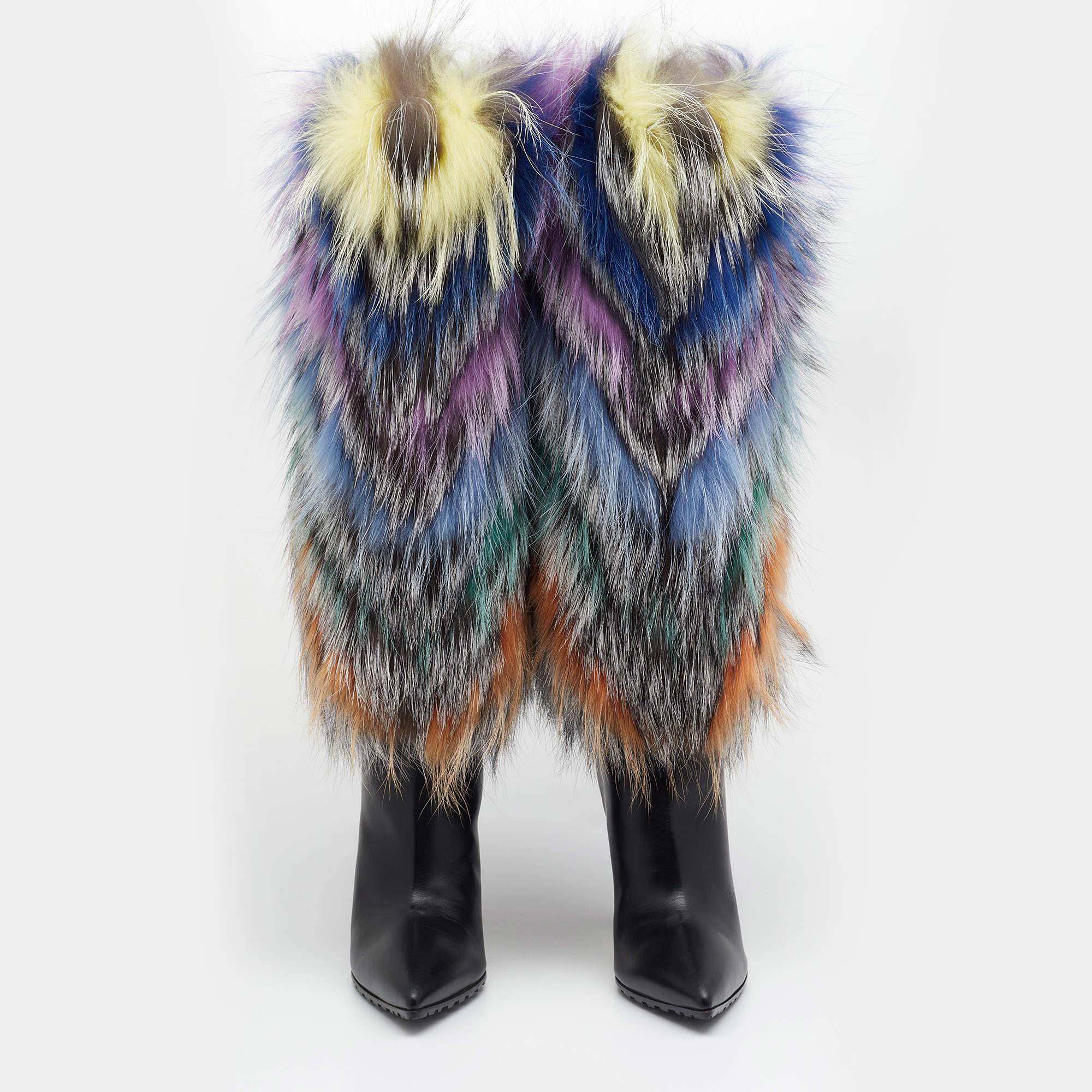 Manolo Blahnik Multicolor Leather And Fox Fur Calf Length Boots Size 37.5 1