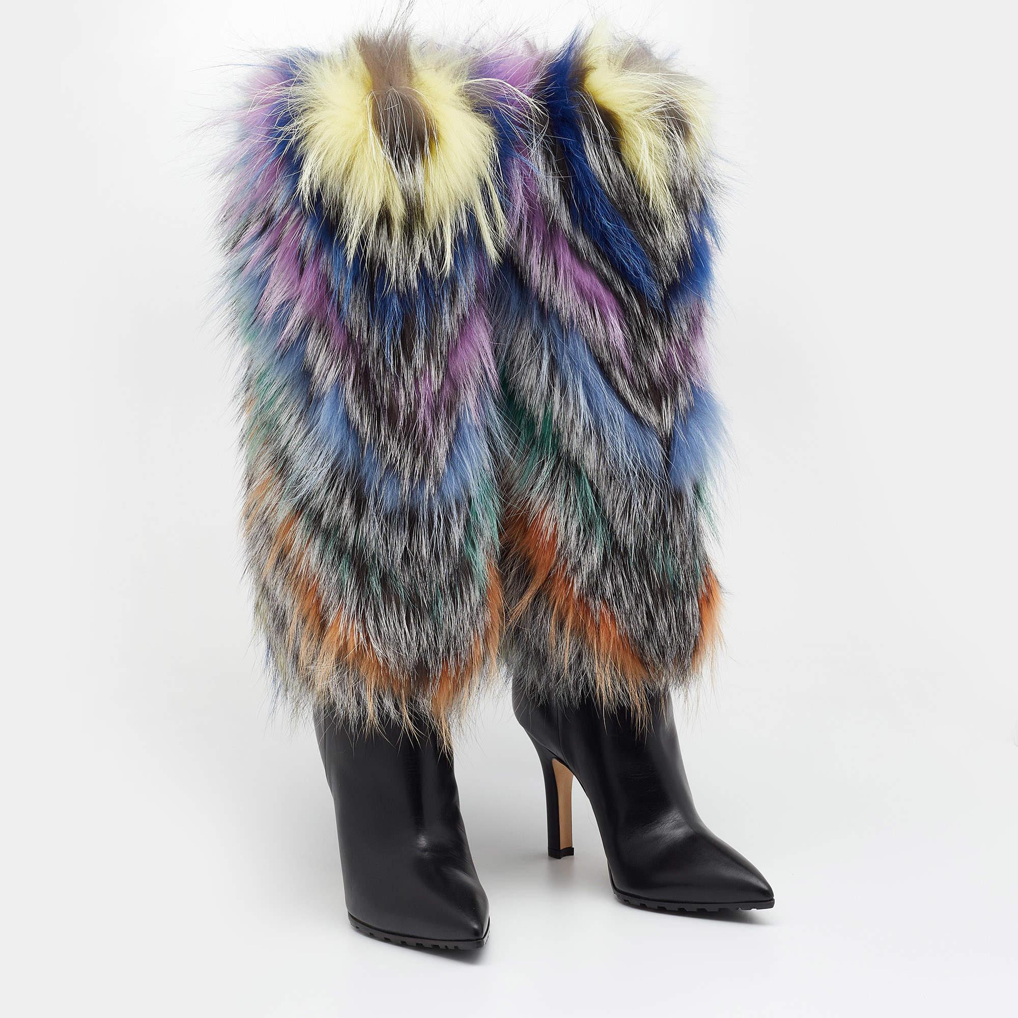 Manolo Blahnik Multicolor Leather And Fox Fur Calf Length Boots Size 37.5 2