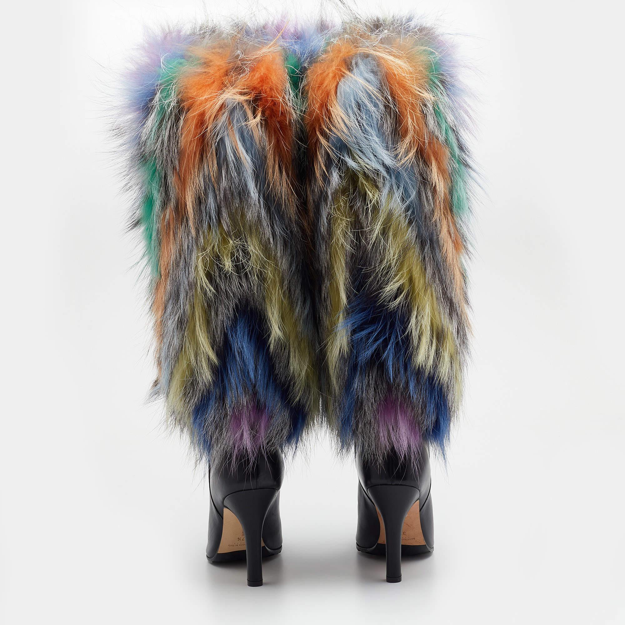 Manolo Blahnik Multicolor Leather And Fox Fur Calf Length Boots Size 37.5 3