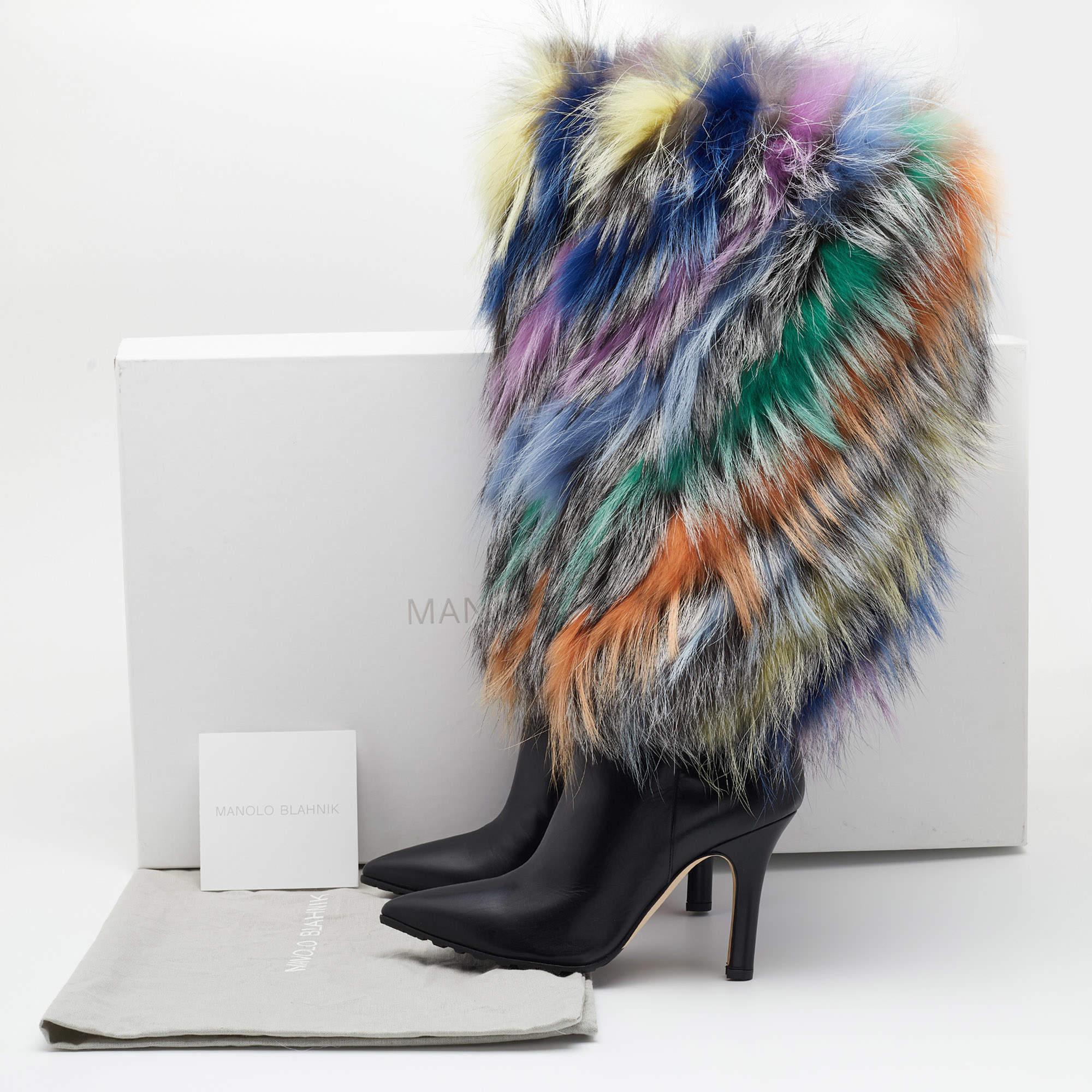 Manolo Blahnik Multicolor Leather And Fox Fur Calf Length Boots Size 37.5 5
