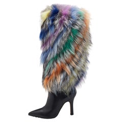 Manolo Blahnik Multicolor Leather And Fox Fur Calf Length Boots Size 37.5