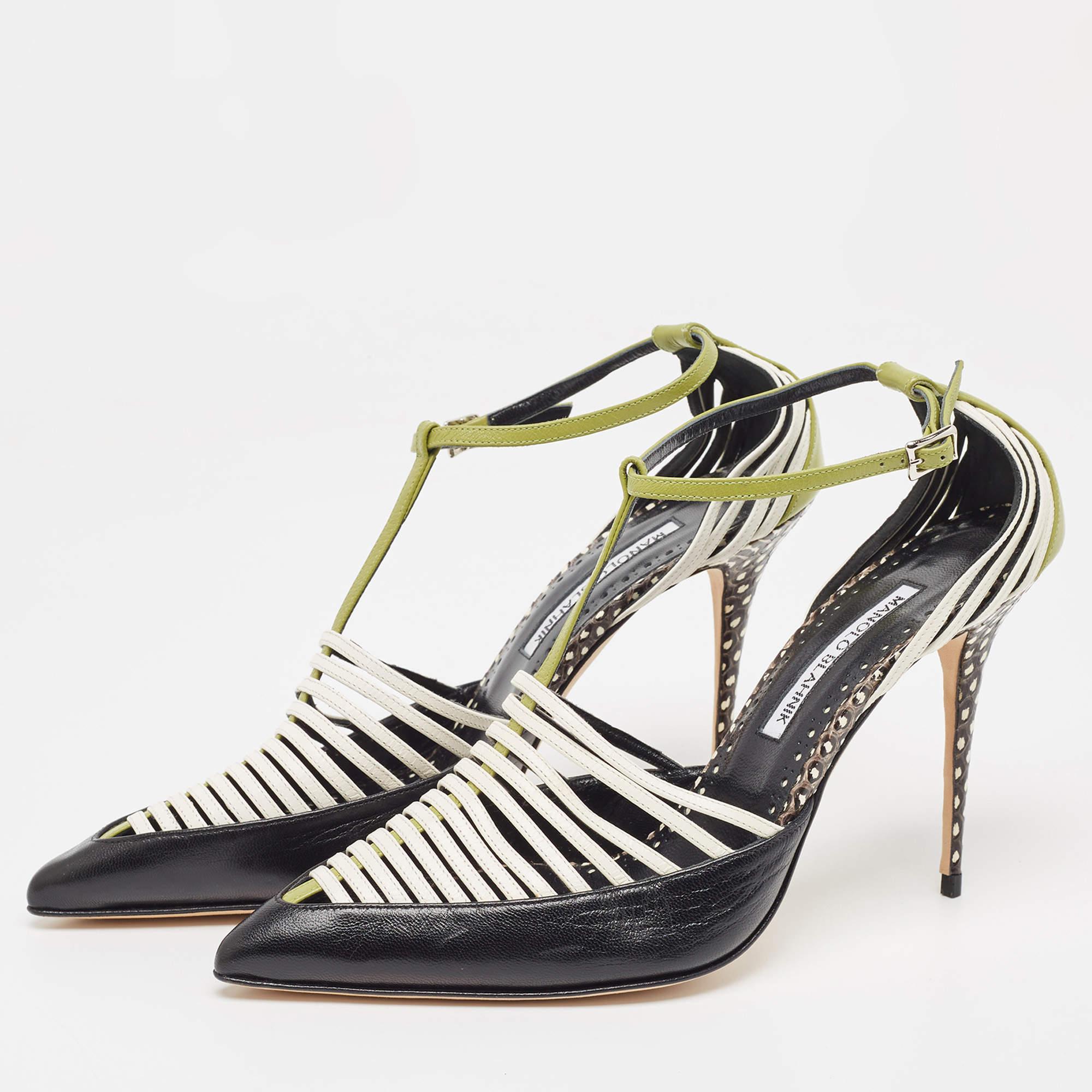 Manolo Blahnik Multicolor Watersnake and Leather Strappy Sandals Size 39.5 In Excellent Condition For Sale In Dubai, Al Qouz 2