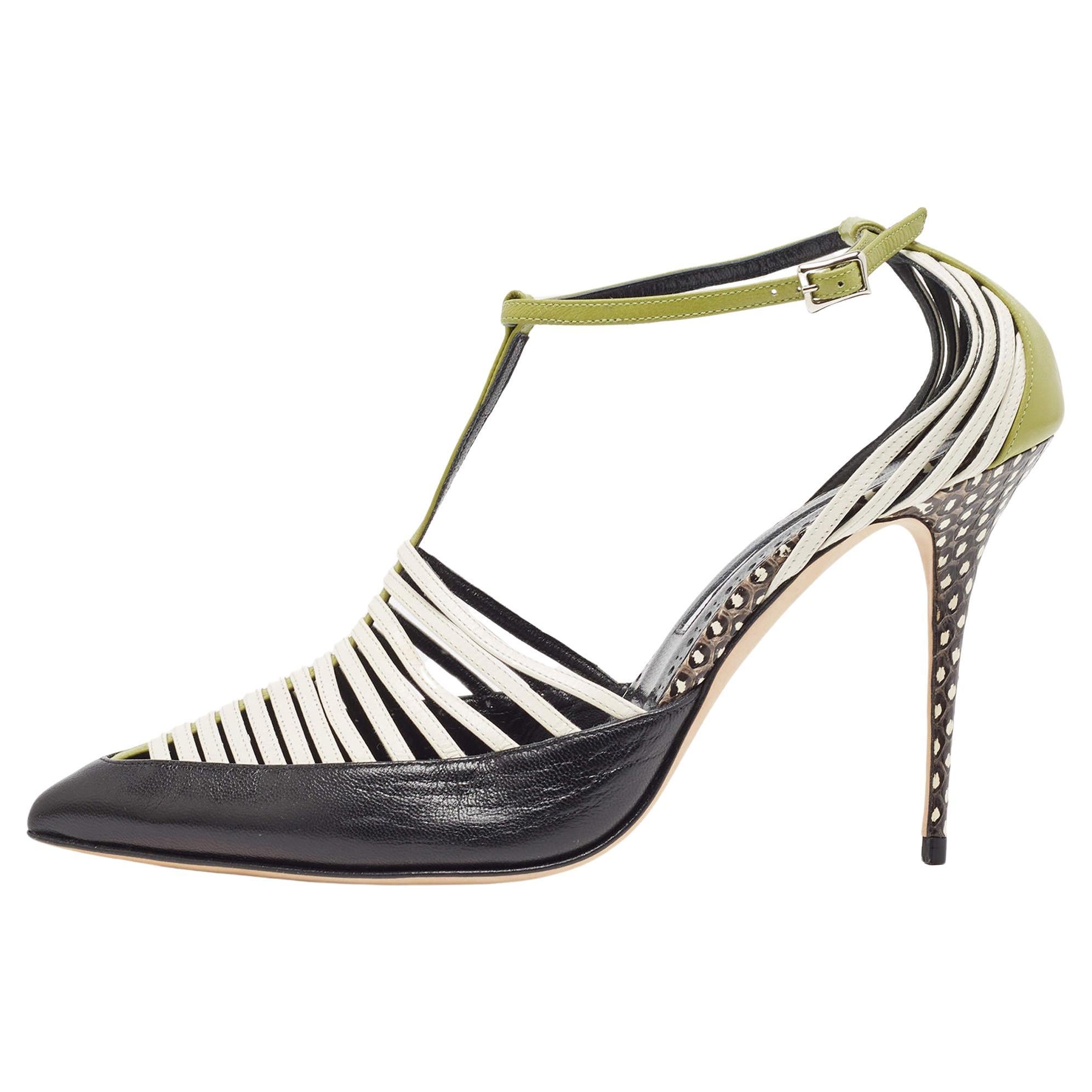 Manolo Blahnik Multicolor Watersnake and Leather Strappy Sandals Size 39.5 For Sale