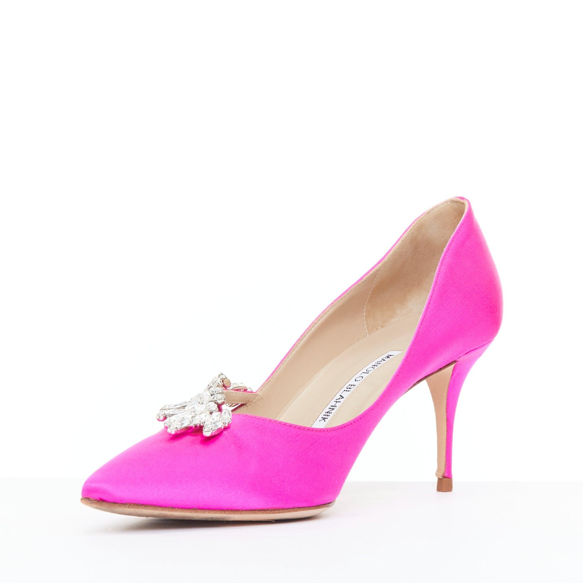MANOLO BLAHNIK Nadira 75 Hot Pink Satin Silber Kristall Mid Pumps EU39 Damen im Angebot