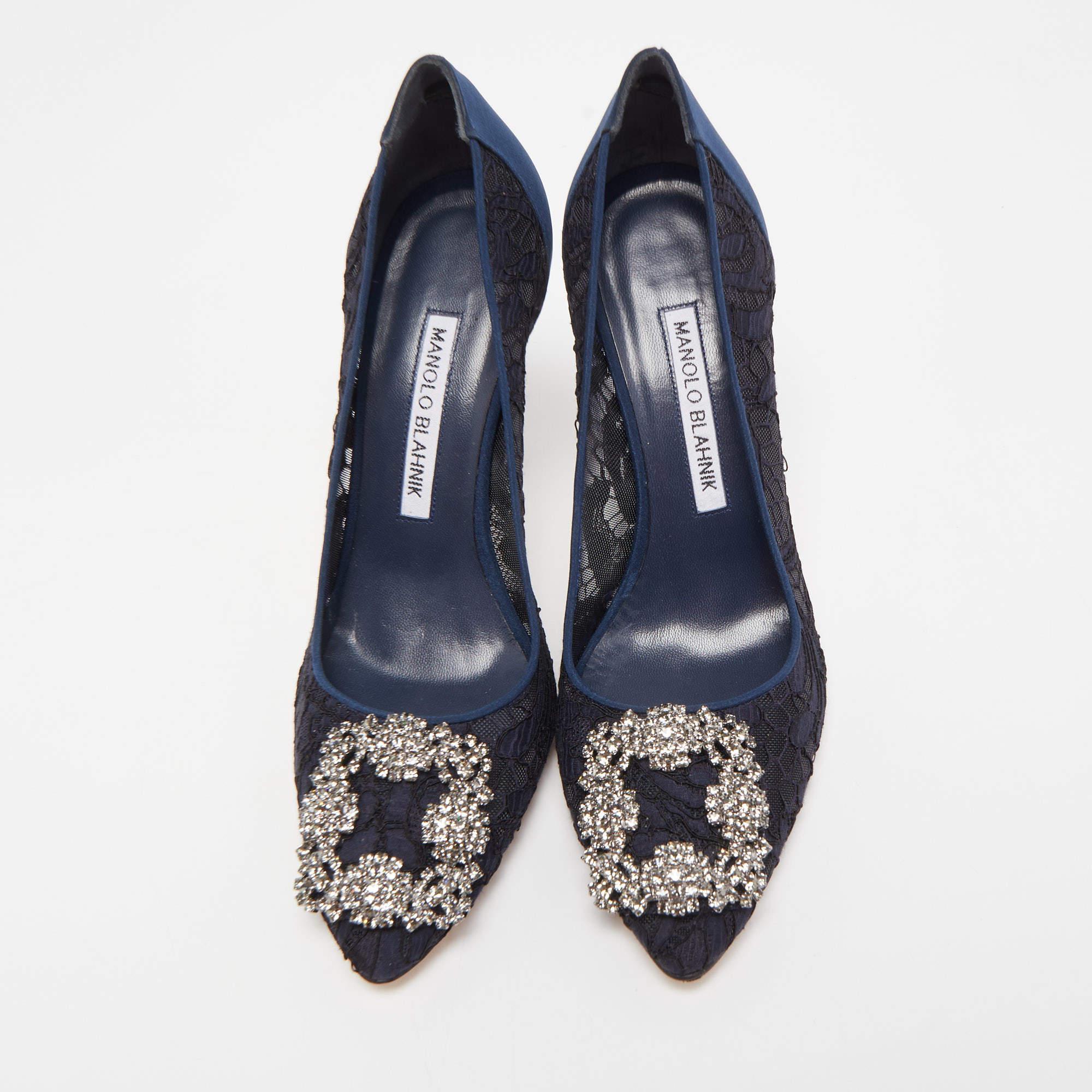 Manolo Blahnik is well-known for his graceful designs, and his label is synonymous with opulence, femininity, and elegance. These Hangisi pumps are shaped into a pointed-toe silhouette augmented by the embellishments perched on the uppers. They are