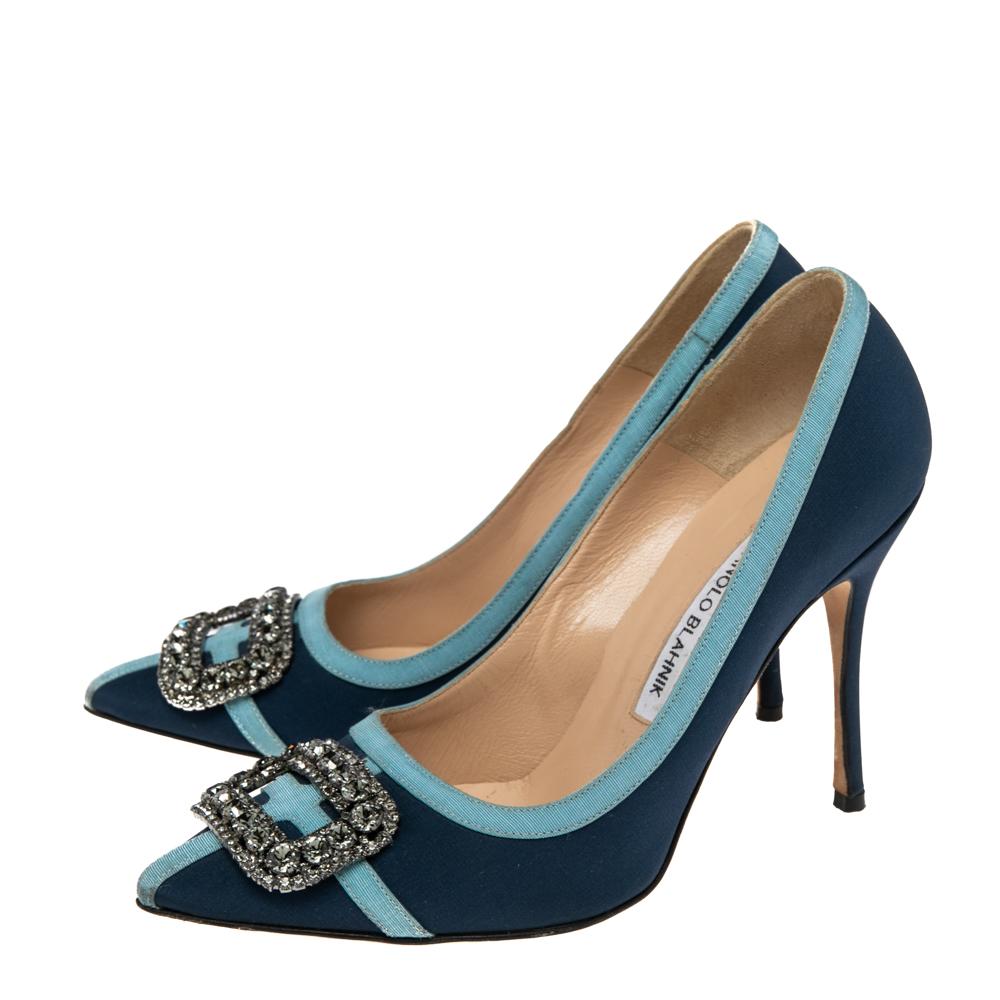 Manolo Blahnik Navy Blue Fabric And Canvas Hangisi Pumps Size 37 2