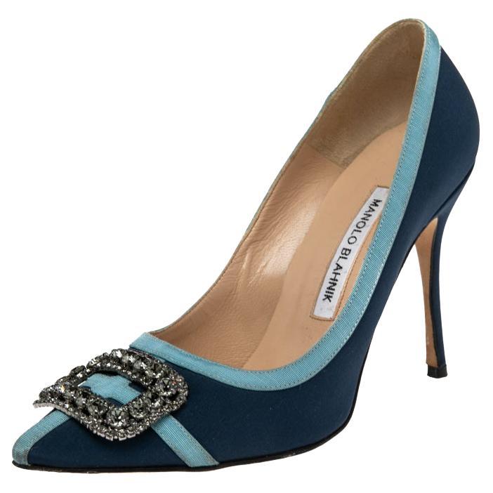Manolo Blahnik Navy Blue Fabric And Canvas Hangisi Pumps Size 37