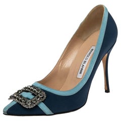 Used Manolo Blahnik Navy Blue Fabric And Canvas Hangisi Pumps Size 37