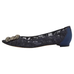 Manolo Blahnik Navy Blue Lace and Satin Hangisi Ballet Flats Size 37.5