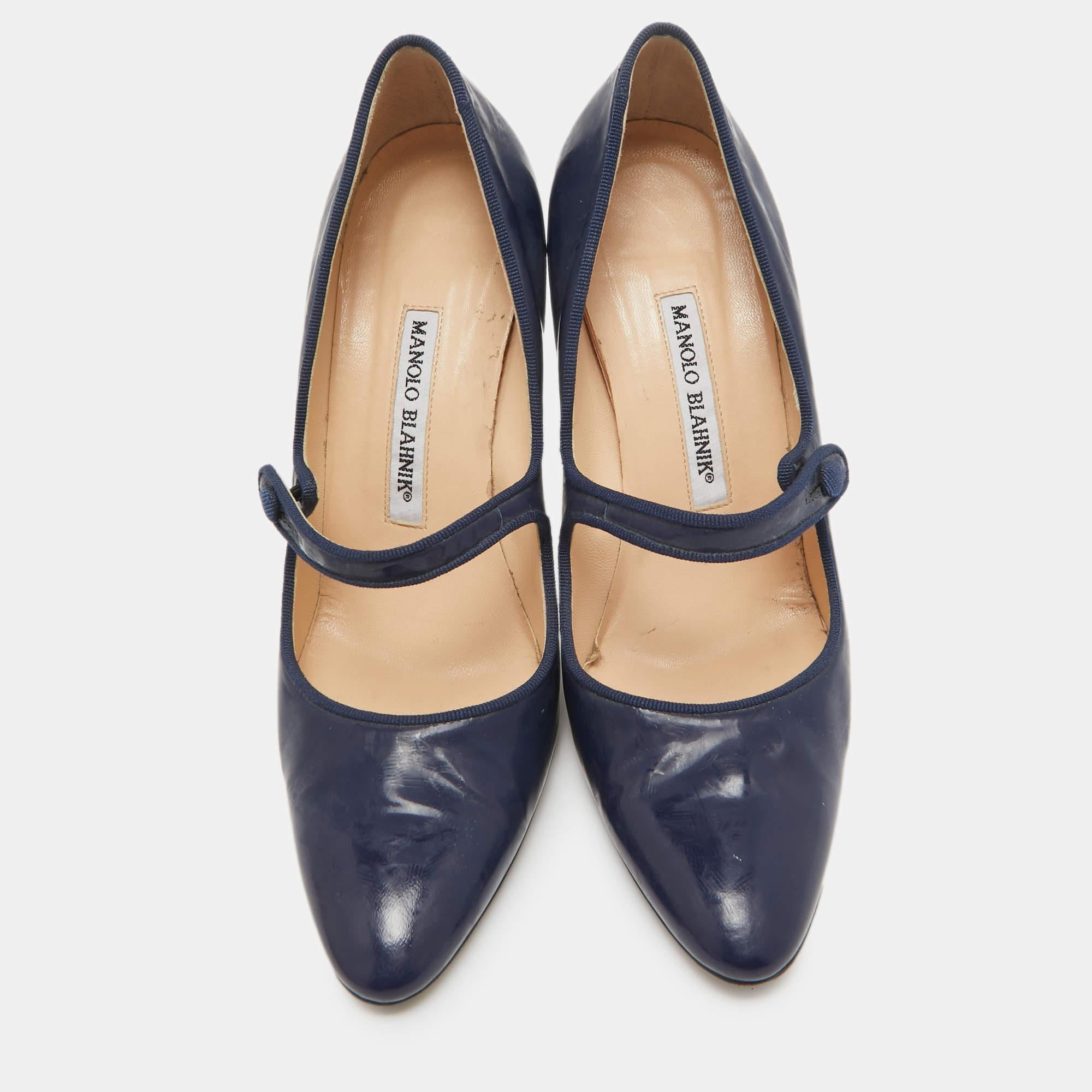 Black Manolo Blahnik Navy Blue Patent Leather Mary Jane Pumps Size 38