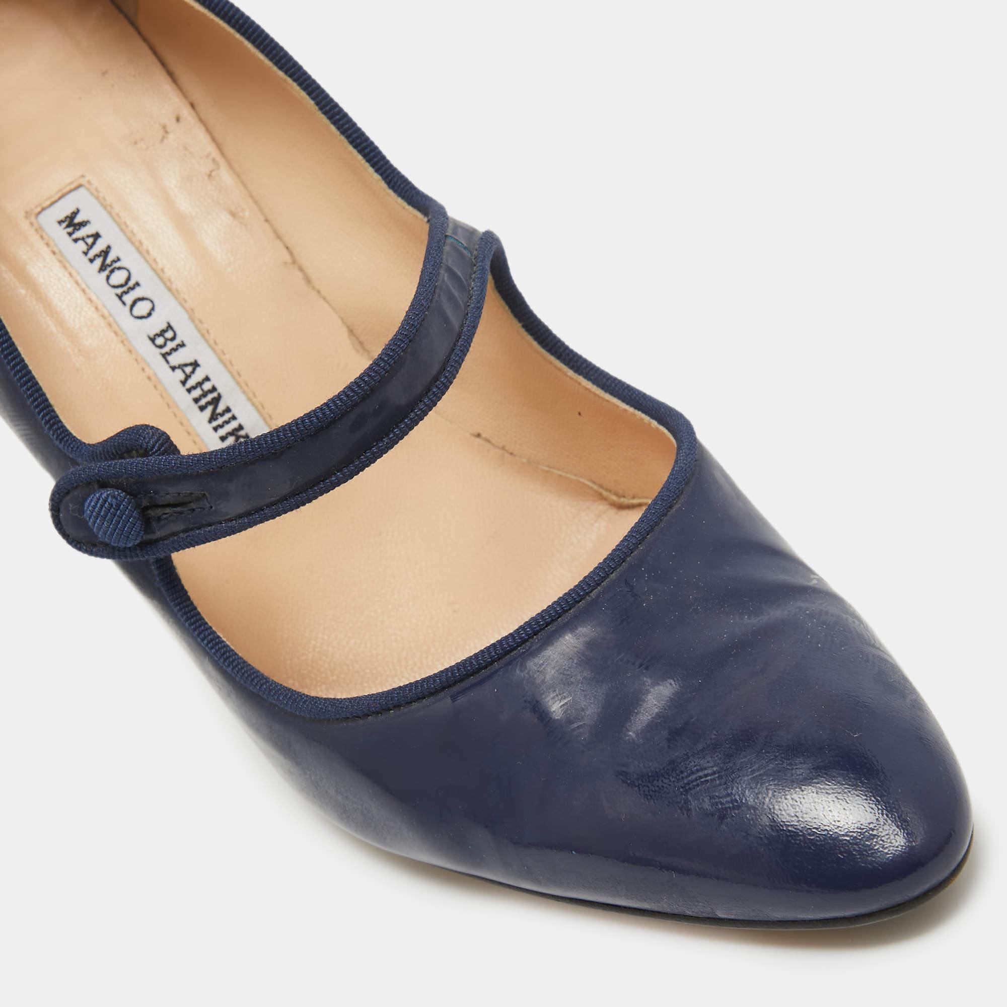 Manolo Blahnik Navy Blue Patent Leather Mary Jane Pumps Size 38 2