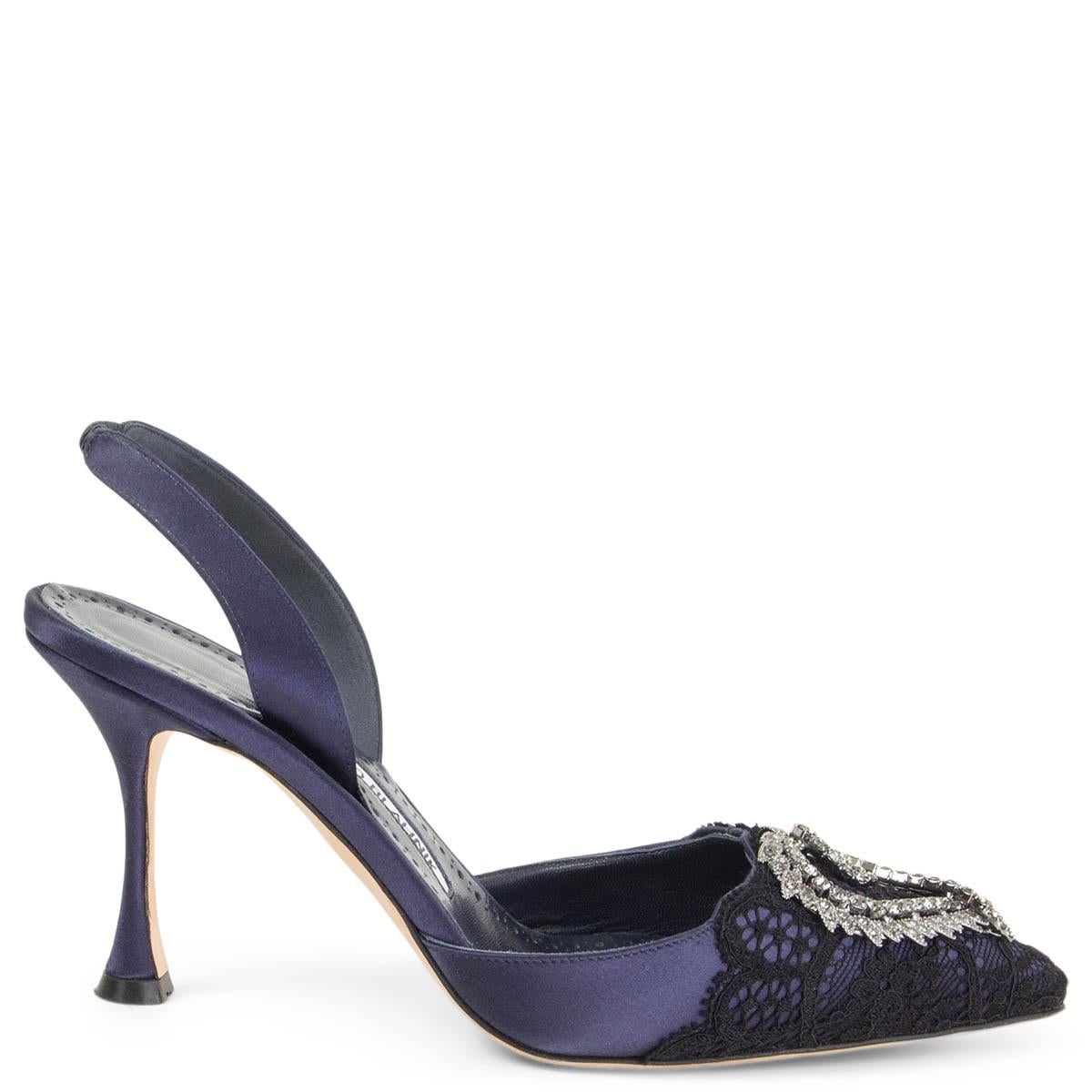100% authentic Manolo Blahnik Antiphona 90 crystal heart embellished slingbacks in navy satin and a black lace cap. Have been worn and are in excellent condition. 

Measurements
Imprinted Size	37.5
Shoe Size	37.5
Inside Sole	25cm (9.8in)
Width	7.5cm