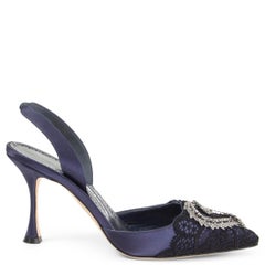 MANOLO BLAHNIK navy blue SATIN ANTIPHONA 90 CRYSTAL Slingbacks Pumps Shoes 37.5