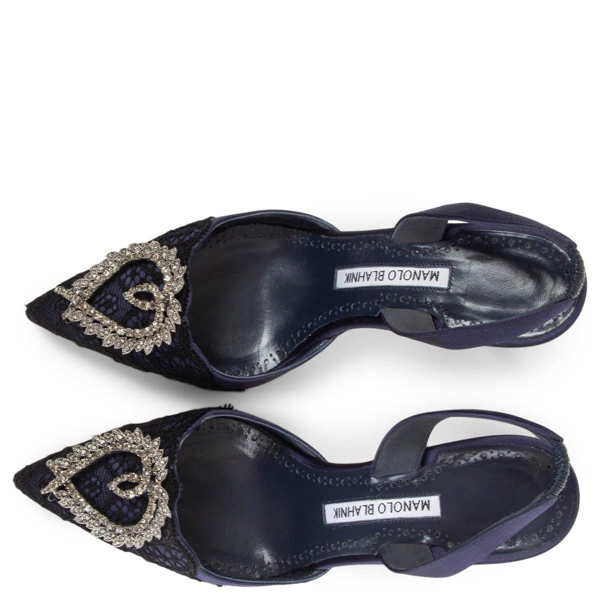 Black MANOLO BLAHNIK navy blue SATIN ANTIPHONA 90 CRYSTAL Slingbacks Pumps Shoes 37.5