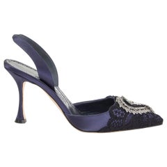 MANOLO BLAHNIK navy blue SATIN ANTIPHONA 90 CRYSTAL Slingbacks Pumps Shoes 37.5