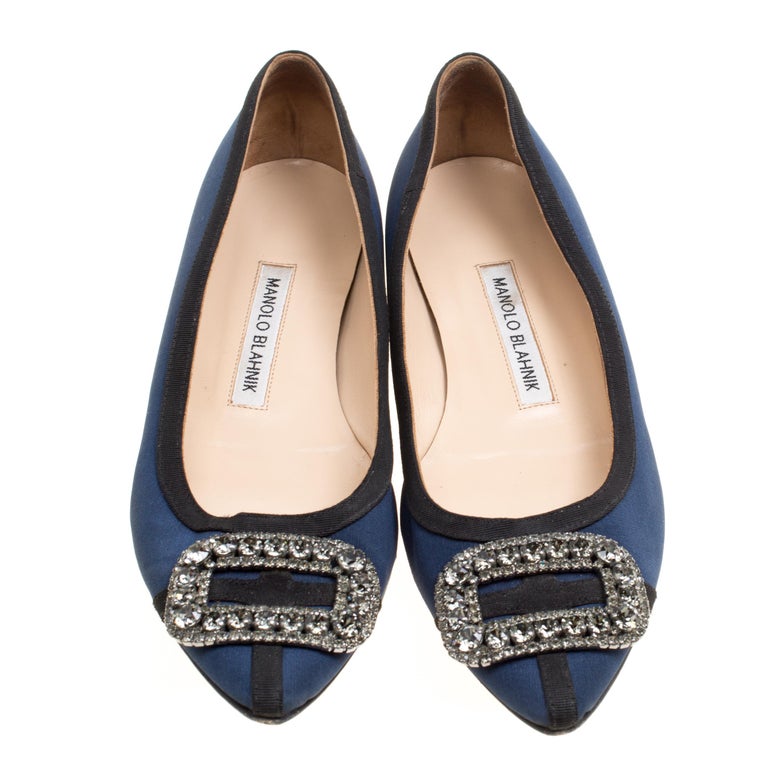Manolo Blahnik Navy Blue Satin Crystal Embellished Pointed Toe Flats ...
