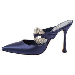 Manolo Blahnik Navy Blue Satin Crystal Embellished Pointed Toe Mules Size 39
